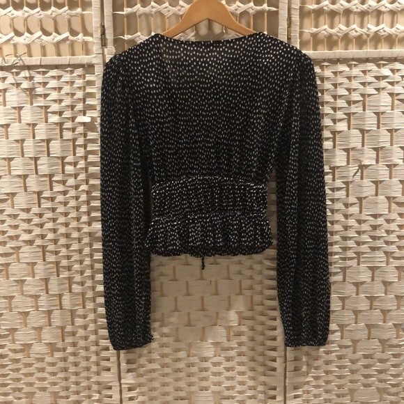 Zara Long Sleeve Black White Polka Dot Pleated Crop Blouse with Tie Accent Small - Picture 2 of 6